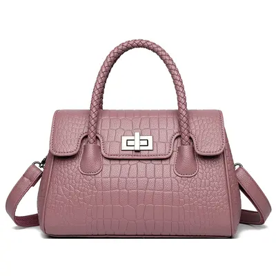 Women's Embossed Leather Shoulder Bag, Woven Cord Detail, Crossbody Strap - 10