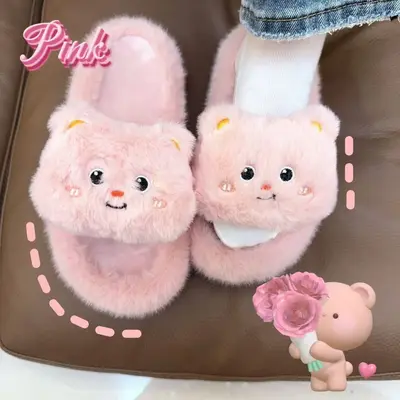 Kedi Desenli Peluş Terlik, Kadın, Dışarıda Giyilebilir, Kaymaz Kalın Taban