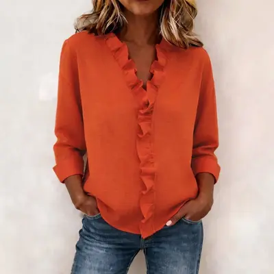 Kadın Fırfırlı Uzun Kollu Pamuklu Gömlek, Bahar Modeli