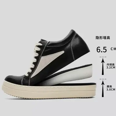 Men's Genuine Leather Lace-Up Thick-Sole Sneaker, Black, Height-Increasing