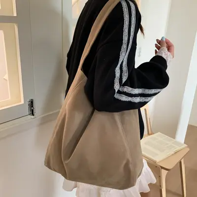 Women's Autumn Woollen Fabric Tote Bag with Single Shoulder Strap - 7
