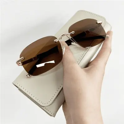 Gold-Framed Clear Tea Lens Sunglasses, UV Protection, Frameless Fashion Style - 9