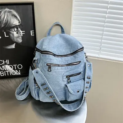 Women's American Denim Backpack, Multi-Pocket, Motorcycle Style - 8