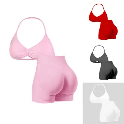 Seamless High-Stretch Women's Yoga Set with Halter Bra and Three-Quarter Leggings - 5