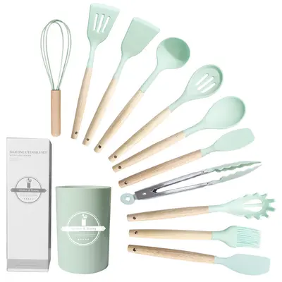 12 Parça Gıda Sınıfı Silikon Mutfak Gereçleri Seti, Spatula ve Kepçe, Isıya Dayanıklı - 13