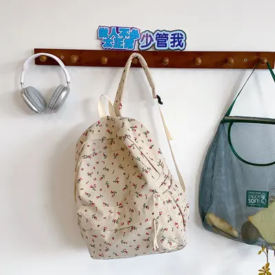 Small Floral Print Corduroy Backpack, Lightweight School Bag for Students - 5