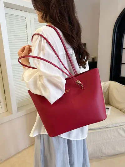 Large Solid Color Tote Bag with Single Shoulder Strap - 4