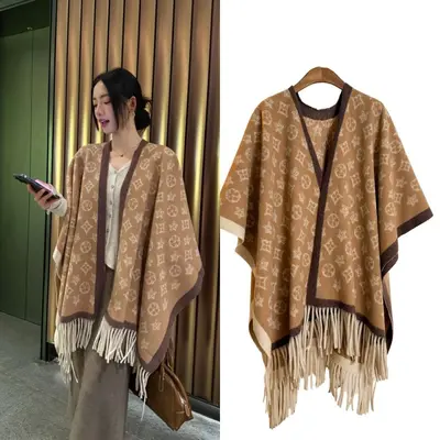 Kadın kaşmir görünümlü uzun yan yırtmaçlı pelerin şal, sıcak tutan