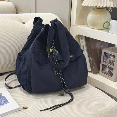 Japanese-Style Large Canvas Drawstring Bucket Backpack - 12
