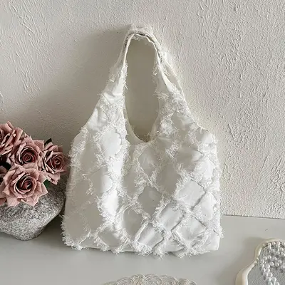 Batik Bej Rengi Püskül Kanvas Çanta Öğrenci Dersi Kadın Çantası Yelekli Çanta Büyük Kapasiteli Sanat Batik İşlemi