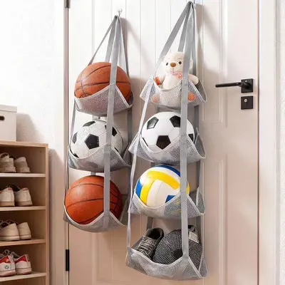 Wall-Mounted Over-the-Door Ball Storage Bag for Footballs and Toys
