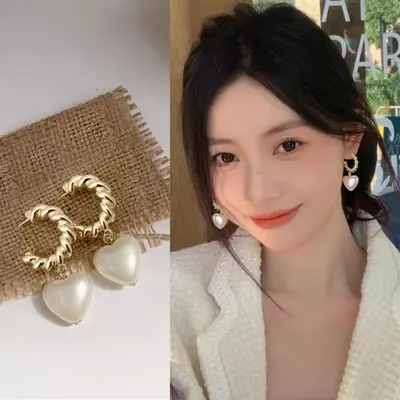 Korean Style Pearl Heart Hoop Earrings for Women