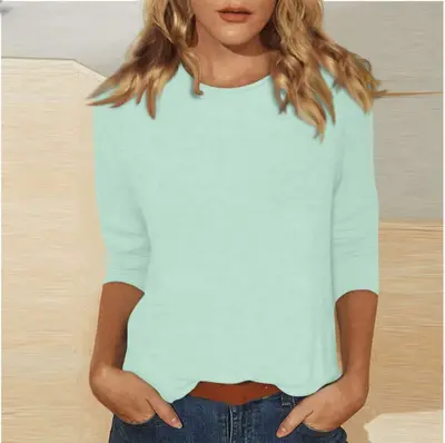 2026 Cross-Border Amazon New Women's Round Neck T-Shirt, 3/4 Sleeve Solid Color Top