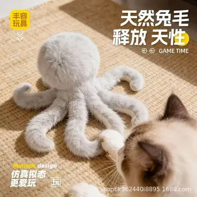 Real Rabbit Fur Octopus Cat Toy with Catnip, Handmade, Chew-Resistant