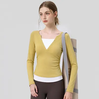Fitness-Oberteil V-Ausschnitt, Langarm, Schicht-Design - 6