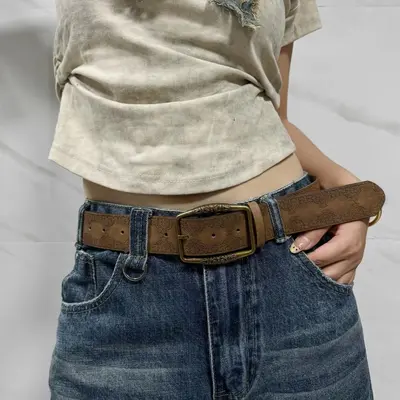 Amerikan tarzı deri kemer erkek bel kemeri y2k kadın yeni model genç kişiler spicy kız etek kombinasyonu antik bakır baskı trend retro kahverengi