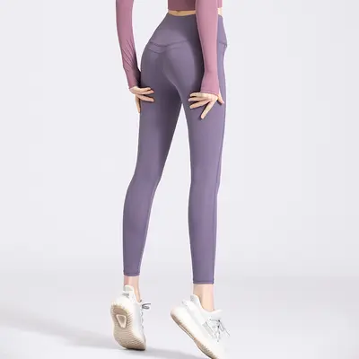 Yoga pantolonu, yüksek elastik, dikiş olmayan, yüksek bel, şeftali