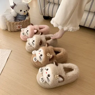 Sevimli kedi peluş kadın terlik, kış, yumuşak taban
