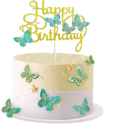 13 pcs Gold Glitter Butterfly Happy Birthday Cake Topper Set - 10