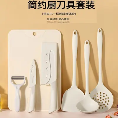 Kitchen knife and cutting board with silicone spatula and spoon - 1