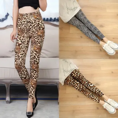 Kadın tayt, yüksek esneklikli, incelten, yumuşak büyük beden leopar desenli