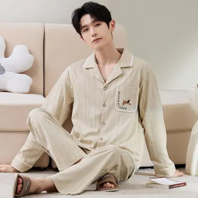 Men's Cotton Long-Sleeve Cardigan Pajama Set, Plus Size - 8