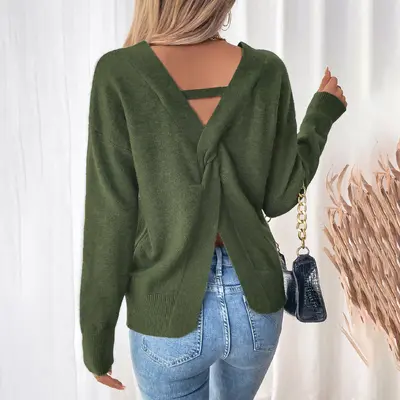 Baifenzhi Yi Damenpullover sexy mit tiefem Rückenausschnitt und V-Ausschnitt