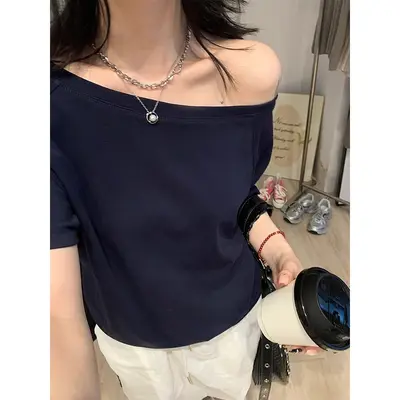 Women's Short Sleeve T-Shirt, Off-Shoulder Design, Black, Summer - 10