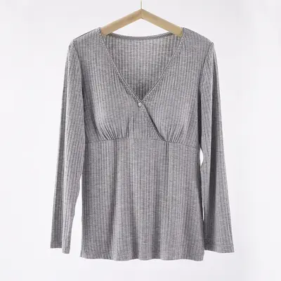 Long Sleeve Cross-Front Nursing Top, Postpartum Home Wear - 7