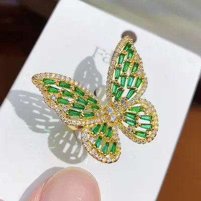Copper butterfly ring with zirconia stones, adjustable size - 9
