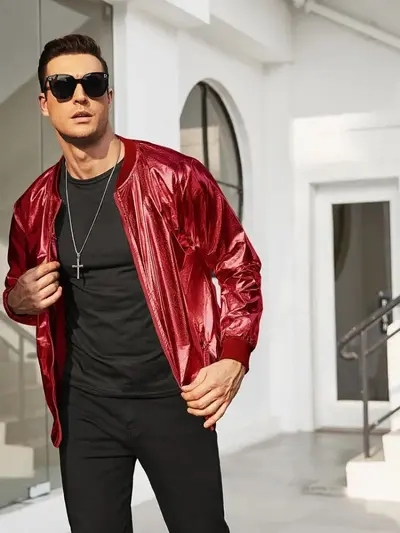 Men's Glossy Metallic Zip-Up Jacket, 70s Disco Style - 10