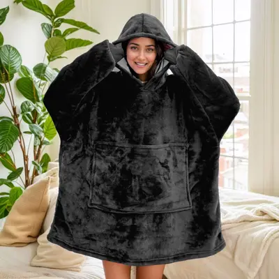 Hooded Flannel Blanket with Thickened Lamb Wool Style Fleece - 7