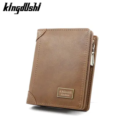 Erkek retro dikey fermuarlı kısa cüzdan, üç katlı, bozuk para bölmeli - 1