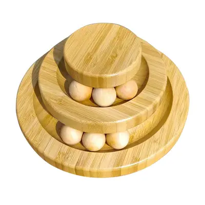 Solid Wood Cat Turntable Toy with Rolling Ball, Chew-Resistant, Customizable - 7