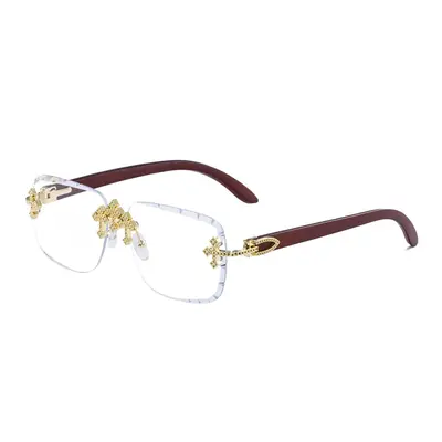 Retro Rimless Men's Sunglasses with Wood-Grain Temples - 13