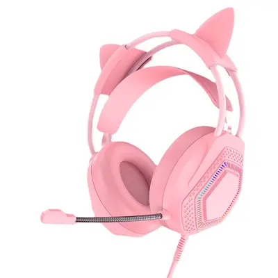 Dongguan Shunxin çok satan baş üstü RGB ışıklı pembe kedi kulaklı oyun kulaklığı H601 sevimli oyun kulaklığı