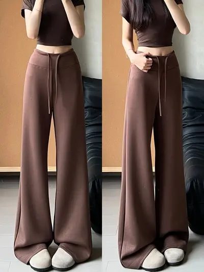 Kahverengi geniş paça pantolon, yüksek bel, bağcıklı