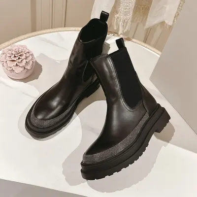 European and American fashion BC women's lace-free boots, genuine leather Chelsea short boots for autumn and winter, comfortable straight-leg short boots