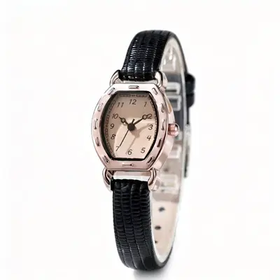 Vintage barrel-shaped women's watch, leather strap, quartz - 5
