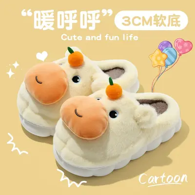 Capybara Cotton Slippers for Women, Winter, Non-Slip, Closed-Toe