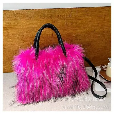 Women's Large Capacity Long-Haired Tote Bag, Contrast Color, Soft Structure - 6