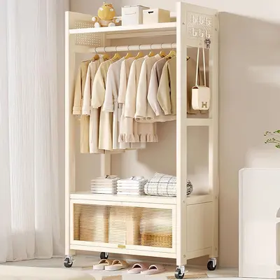 Freestanding Coat Rack with Wheels, Movable Bedroom Clothes Rack
