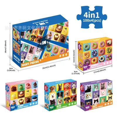 4-in-1 Kids Puzzle, Animals and Desserts Theme, 100 Pieces