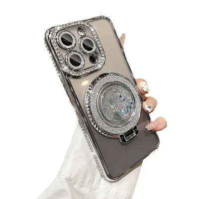 Transparent Soft iPhone 15 Case, Electroplated, Magnetic, Rhinestone Stand - 5