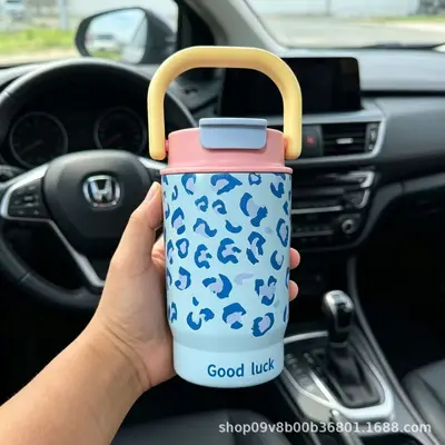 316 Paslanmaz Çelik Termos Bardak Kadınlar İçin Leopar Desenli Pipetli 600 ml - 7