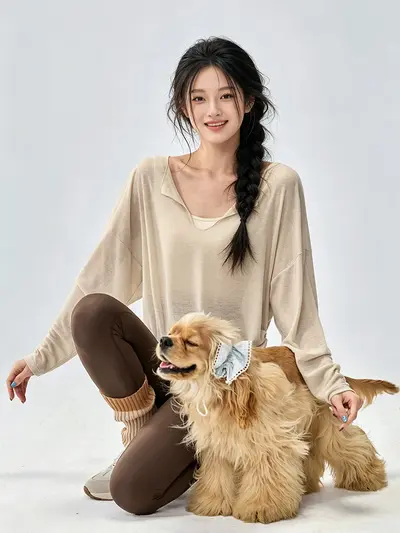 宽松瑜伽服罩衫女V领慵懒风侧边抽绳跑步运动长袖健身服套装上衣 - 5