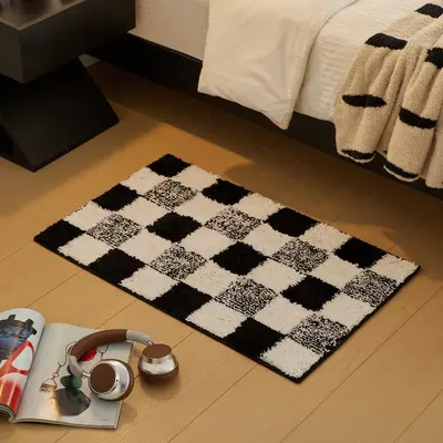 Ins Style Checkered Bath Mat, Absorbent Non-Slip Matte Bathroom Rug