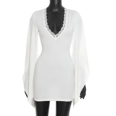 Women's Autumn Dress, Solid Color, Lace-Trim Flare Long Sleeve, Slim Fit - 7