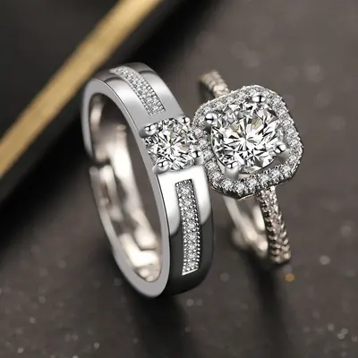 Trauringe für Paare, simulierter Diamant, Silberdesign - 2