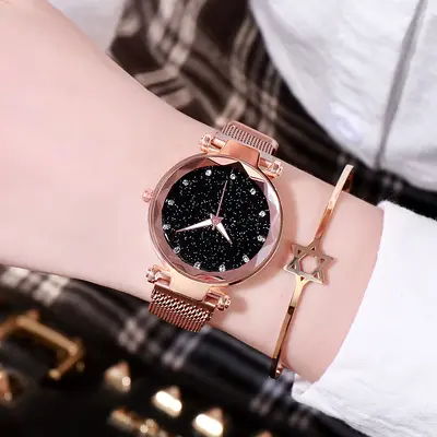 Starry Sky Diamond Patterned Women's Watch Fashion Round Dial Rose Gold Milan Magnetic Mesh Band Light Luxury Women's Watch Wholesale